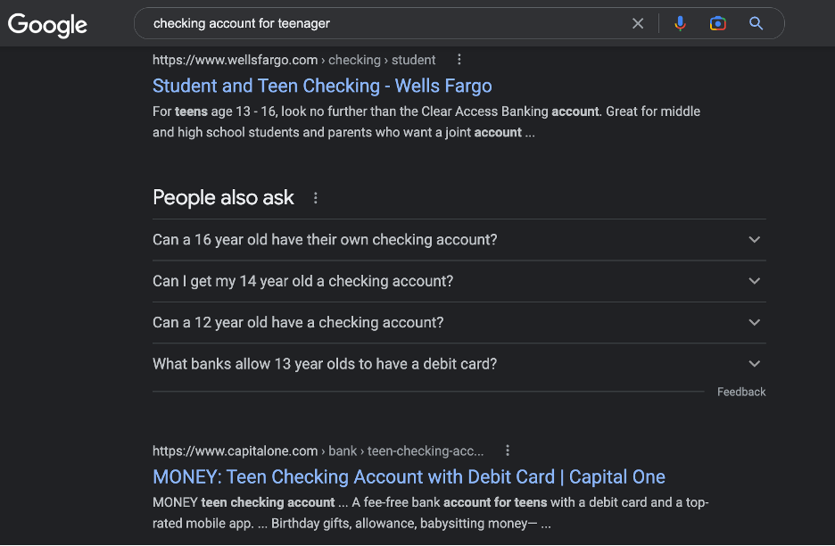 Google search result for "checking account for teenager"