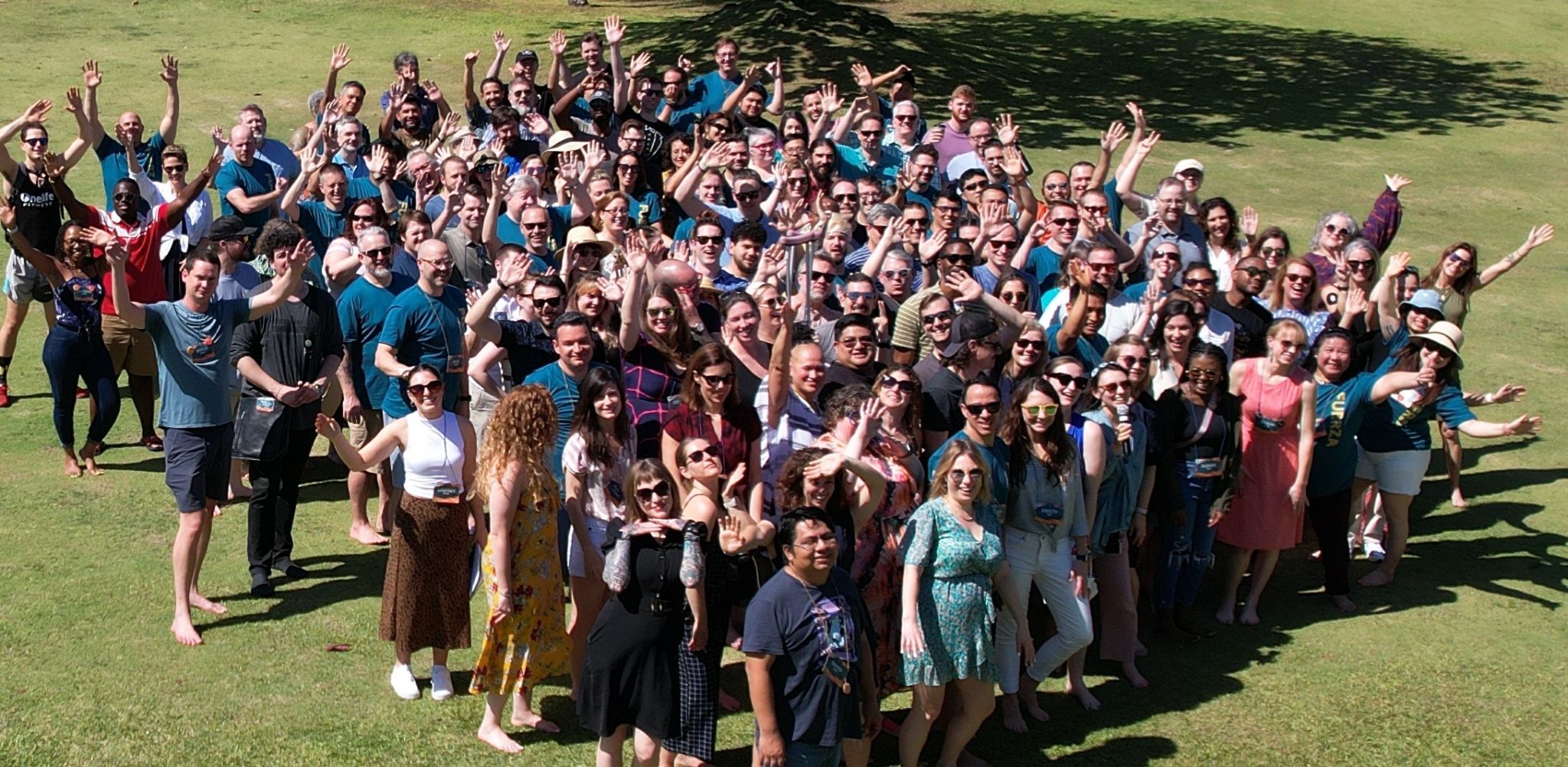 Aerial photo of employees all gathered on the grass