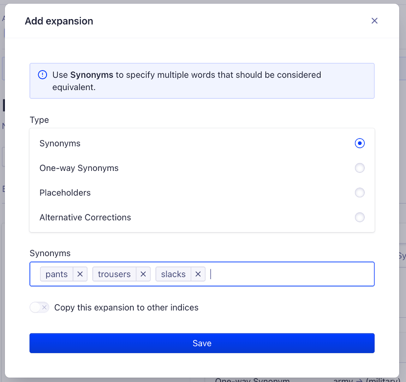Algolia Dynamic Synonyms entry screenshot