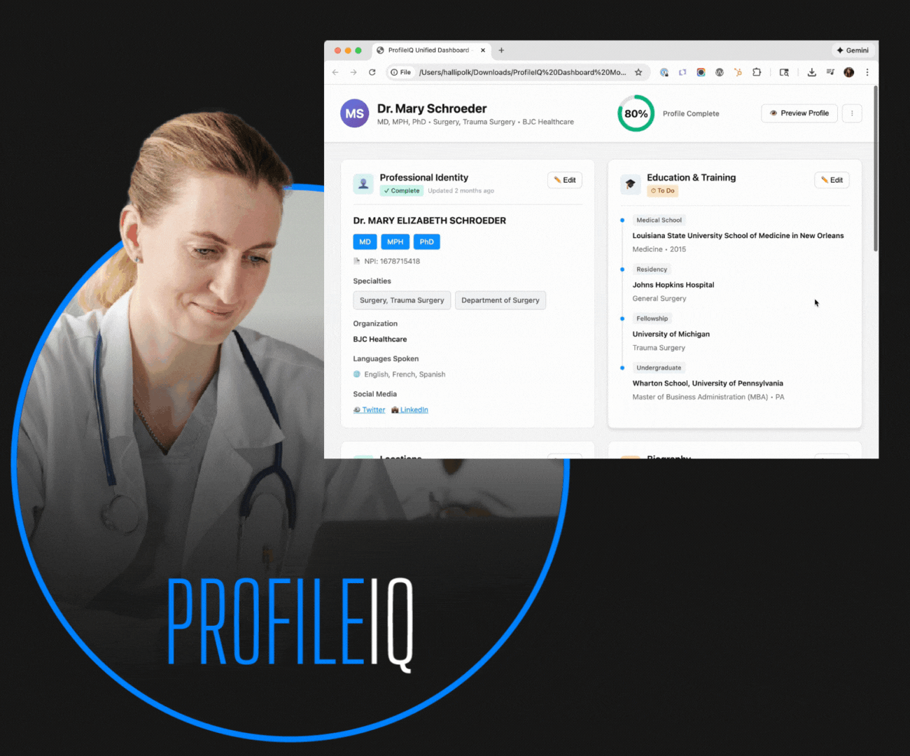 Doctor looking at laptop with preview of profile IQ interface