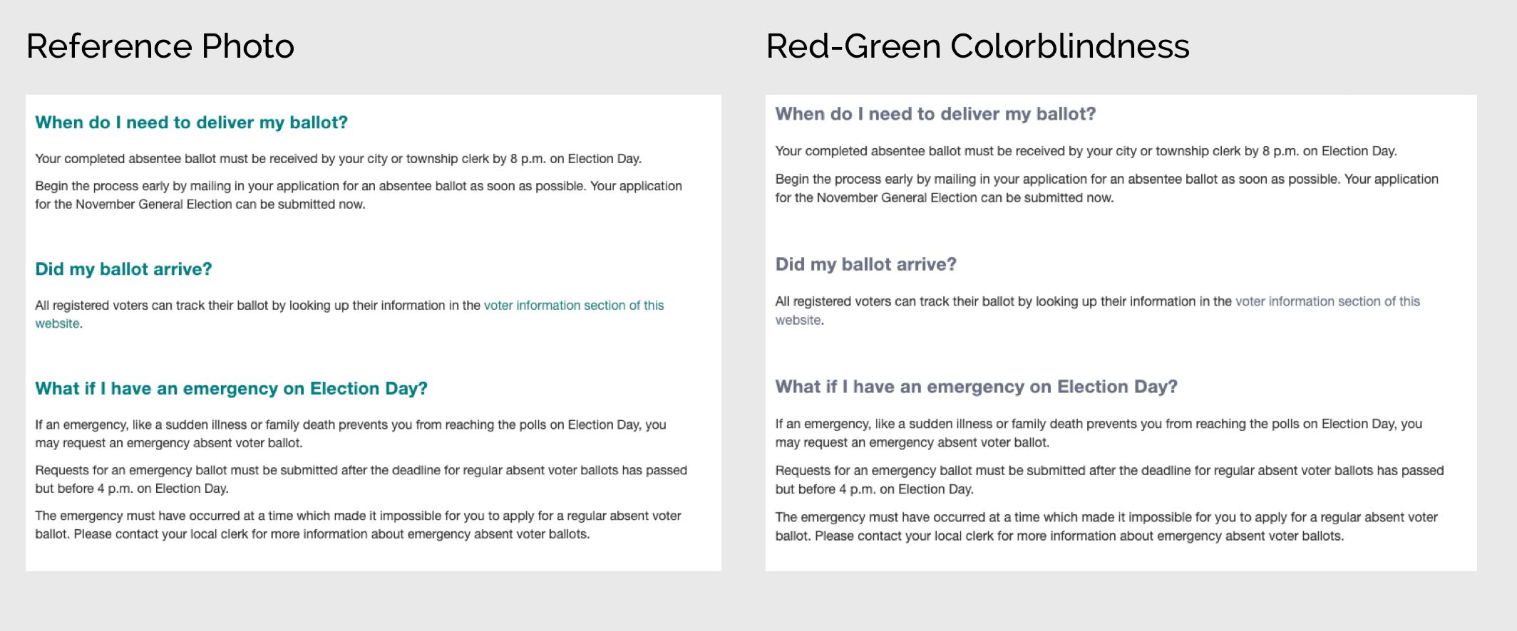 An example of how a link presented with color alone may be perceived to someone with color blindness (right)