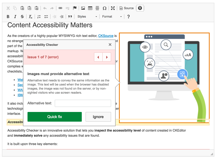 Demonstration of Accessibility Checker with an Error Popup indicating an image needs alt text