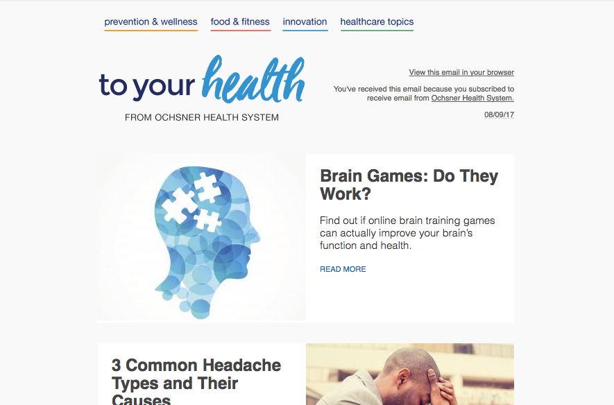 screenshot of an email from a healthcare system to a subscriber containing healthcare articles. Email is a great digital healthcare channel.