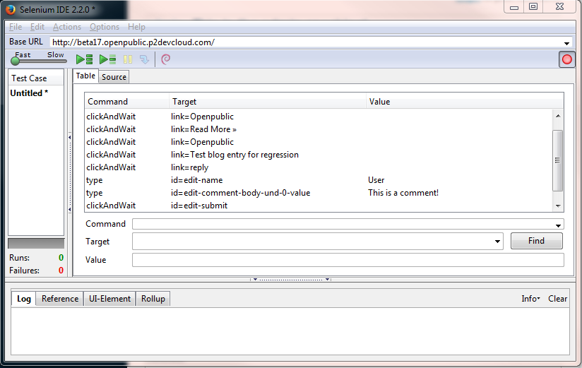 An image of the Selenium IDE user dialog with a sample test case displayed.