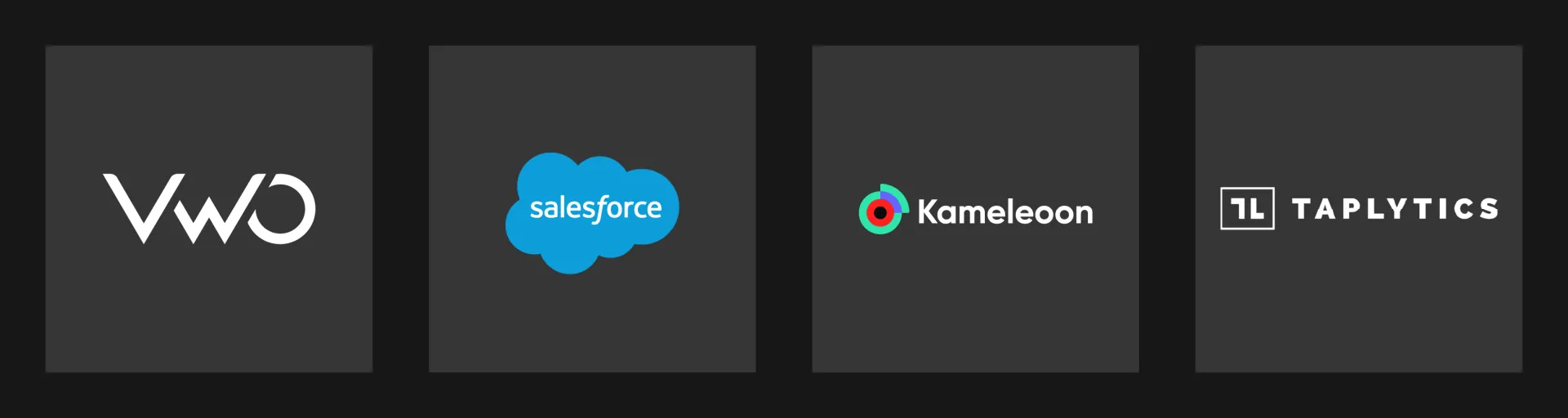 Logos for VWO, Salesforce, Kameleon, and Taplytics