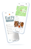 2 mobile phones showing the map feature and extras feature on the Eat Fit App