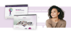Woman smiling looking to left with two images of Ionis's website homepages