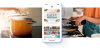 Ochsner Eat Fit App on Mobile device between a picture of an orange pot on a stove and a woman with orange shirt cooking