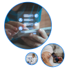 Three images in circles: mobile ai interface, CGM device with smartphone, and medical scientist in lab