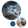Three images in circles: mobile ai interface, CGM device with smartphone, and medical scientist in lab