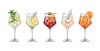 Five colorful cocktails in glasses with garnishes