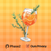 Cocktail with orange slice and rosemary sprig on orange checkered background.